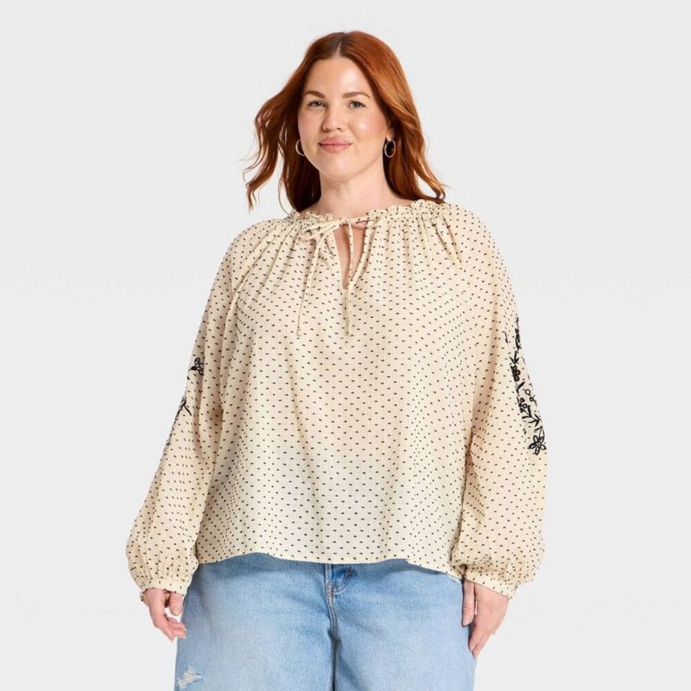 Women's Plus Bishop Long Sleeve Embroidered V-Neck Blouse - Cream Polka Dots 3X